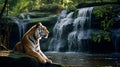Serene Tiger: Contemplation by the Cascading Waterfall