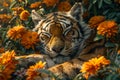 Serene Tiger Resting Among Lush Orange Flowers in Sunlit Forest Wildlife, Nature, and Tranquility Concept