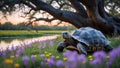 Giant Tortoise in Sunset Meadow near River Royalty Free Stock Photo