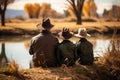 A serene and touching moment as a grandfather is flanked by his two grandsons, all gazing out over a calm river, enveloped in the