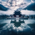 Serene Traditional Pavilion Reflected in Calm Waters at Dusk. Generative ai Royalty Free Stock Photo