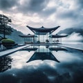 Serene Traditional Pavilion Reflected in Calm Waters at Dusk. Generative ai Royalty Free Stock Photo