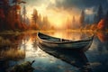 Serene and tranquil dawn solitary wooden boat reflecting on the peaceful landscape of a lake