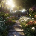 Serene, Tranquil Garden with Beautiful Flowers and Foliage