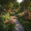 Serene, Tranquil Garden with Beautiful Flowers and Foliage