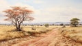 Savanna Landscape Painting: Mbole Art Inspired Watercolor Depicting Desert Animals Royalty Free Stock Photo