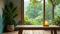 Serene tranquility a lit candle on wooden table by window with lush greenery view. Generative AI Royalty Free Stock Photo