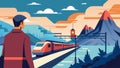 A serene traveler observing a chaotic train station from a distance.. Vector illustration.