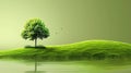 Serene tree on a grassy knoll reflected in water, with birds flying. Royalty Free Stock Photo