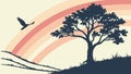Serene Tree on Landscape with Bird Flying Towards Sunset, vector design Generative AI Royalty Free Stock Photo