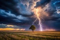 Serene tree silhouetted against a dramatic thunderstorm with a bright lightning bolt striking the horizon. Generative AI Royalty Free Stock Photo