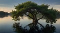 A serene tree by a tranquil lakeside, its branches heavy with succulent berries and fruits