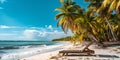 Serene tropical beach with sun lounger, blue sky and palm trees. ideal vacation spot in summer. relaxation in nature