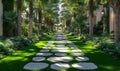 Serene tropical garden pathway with palm trees and lush greenery environment Royalty Free Stock Photo