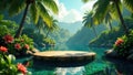 Serene tropical lagoon paradise with a wooden platform for relaxation and tranquility. Generative AI Royalty Free Stock Photo