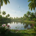 Serene Tropical Lake With Palm Trees and Flowers Royalty Free Stock Photo