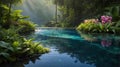 Tropical Paradise: Serene Waterfall and Lush Greenery in a Peaceful Oasis Royalty Free Stock Photo
