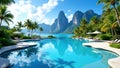 Serene Tropical Pool with Majestic Mountains and Lush Palm Trees