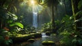 Lush Rainforest Waterfall with Vibrant Greenery and Sunlight Streaming Through the Canopy Royalty Free Stock Photo