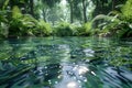 Serene Tropical Rainforest Stream with Lush Green Ferns and Sunlight Filtering Through Trees