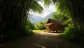 Tropical hut nestled in lush forest Royalty Free Stock Photo
