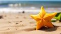 Serene Tropical Symbolism: A Yellow Starfruit On A Sandy Beach Royalty Free Stock Photo