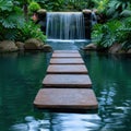 Serene tropical waterfall and stepping stones Royalty Free Stock Photo