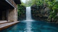 Serene tropical waterfall with wooden deck Royalty Free Stock Photo