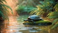 Serene Turtle Resting on Mossy Rock in a Tranquil Pond at Sunrise Royalty Free Stock Photo