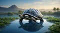 Two-Headed Turtle in a Serene Lake with Tropical Backdrop at Dusk or Dawn Royalty Free Stock Photo