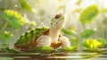 Adorable Baby Turtle Resting on Lily Pads in Sunlight Royalty Free Stock Photo
