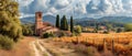 Idyllic tuscan landscape with a country road leading to a village church. rustic charm captured in warm daylight. AI Royalty Free Stock Photo