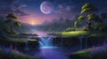 Mystical Moonlight Cascade: Serene Waterfall in Fantasy Landscape with Vibrant Flowers and Majestic Royalty Free Stock Photo