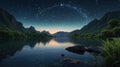 Tranquil Mountain Lake Reflecting a Starry Sky and Setting Sun Royalty Free Stock Photo