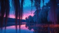 Magical Weeping Willow Lake at Sunset, Enchanting Pink and Blue Twilight Royalty Free Stock Photo