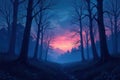 Serene twilight path through a mystical winter forest with a pink and blue sunset. Generative AI Royalty Free Stock Photo