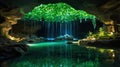 Mystical Cave Oasis with Green Foliage and Tranquil Water Reflection for Calm Royalty Free Stock Photo