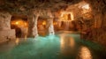 serene underground cave featuring stunning rock formations and tranquil pool of water. Soft lighting illuminates space, creating Royalty Free Stock Photo