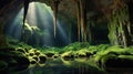 Mystical Cave with Mossy Rocks and Sunbeams Illuminating a Subterranean Waterway Royalty Free Stock Photo