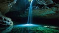 Enigmatic Underground Waterfall in a Dark Cave Royalty Free Stock Photo