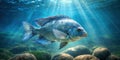 A serene underwater scene featuring a single fish gracefully swimming amidst sunlit rocks. Generative AI Royalty Free Stock Photo