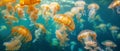 Serene underwater scene with a swarm of glowing jellyfish gracefully floating