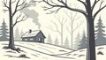 Rustic House in a Bare Winter Forest, Capturing the Serene Beauty of Cold Season, vector design Generative AI Royalty Free Stock Photo