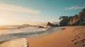 Serene And Vibrant Coastal Beach With Ocean, Trees, And Beautiful Colors