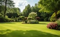 A serene view of a green lawn surrounded by beautiful, well-kept plants in a garden, creating a harmonious and tranquil outdoor Royalty Free Stock Photo