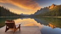 A serene view of Lake Alice with a wooden chair over the dock Royalty Free Stock Photo