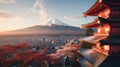 Serene View Of Mount Fuji And Chureito Pagoda At Sunset