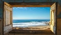 Serene view of a sunny coastline through an open rustic wooden window Royalty Free Stock Photo