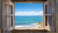 Serene view of a sunny coastline through an open rustic wooden window Royalty Free Stock Photo