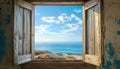 Serene view of a sunny coastline through an open rustic wooden window Royalty Free Stock Photo